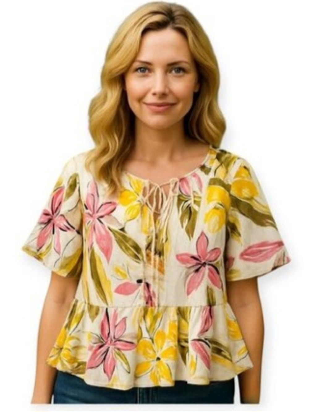 Whimsical Colourful Tropical Melloday Puff Sleeve Blouse Size L NWT Summer Fun